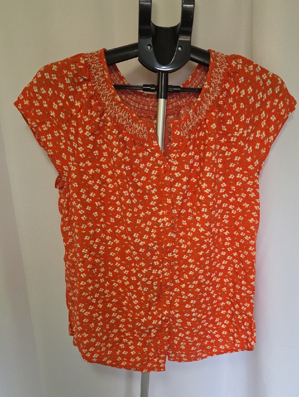 Faded Glory Orange Floral Smocked Neck Blouse